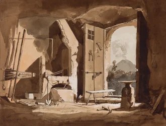 Egy kovácsműhely belseje, Gaetano Maria Federico di Borbone herceg (1846-1871) kiegészítéseivel, 1854 (ceruza és szepiarajzok, papír)